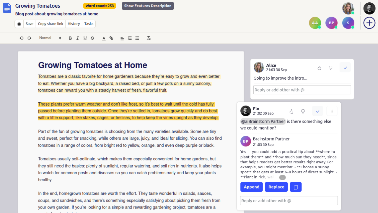 The multi editor: several people and an AI agent editing one document, with a tasks sidebar and an inline agent comment.